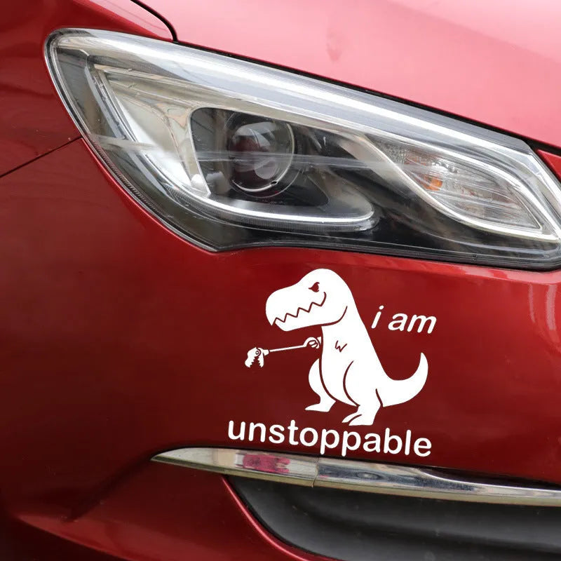 Cute cartoon dinosaur carving style car sticker in black on a white vehicle body with strong adhesion PET material 15x13.7cm
