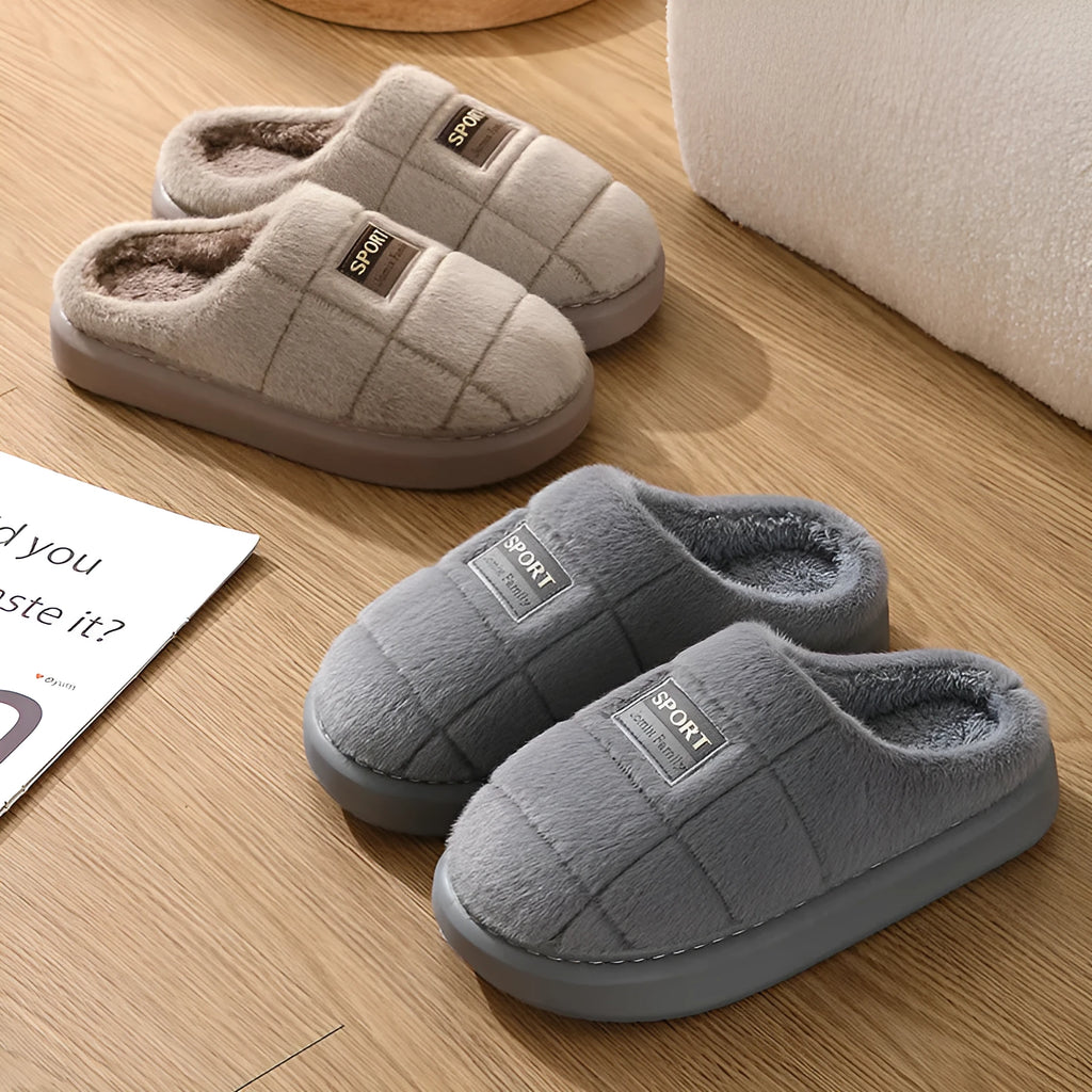 Grey and brown plaid men's winter slippers with thick EVA sole and wool lining.