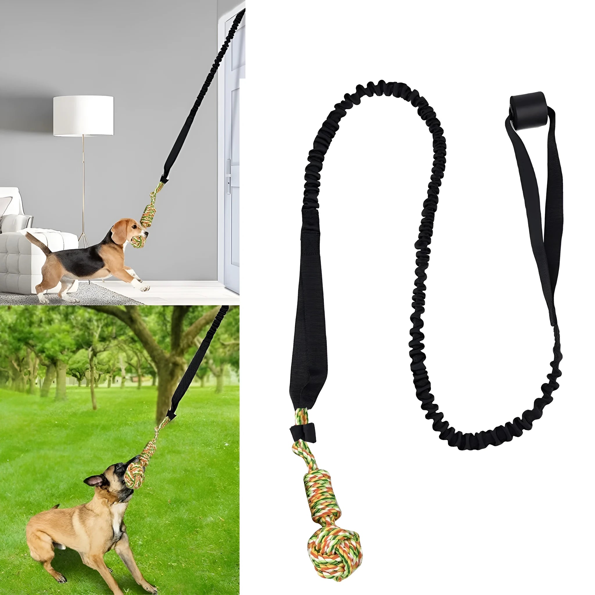 Long black cotton rope dog tug toy for chewing and interactive play.