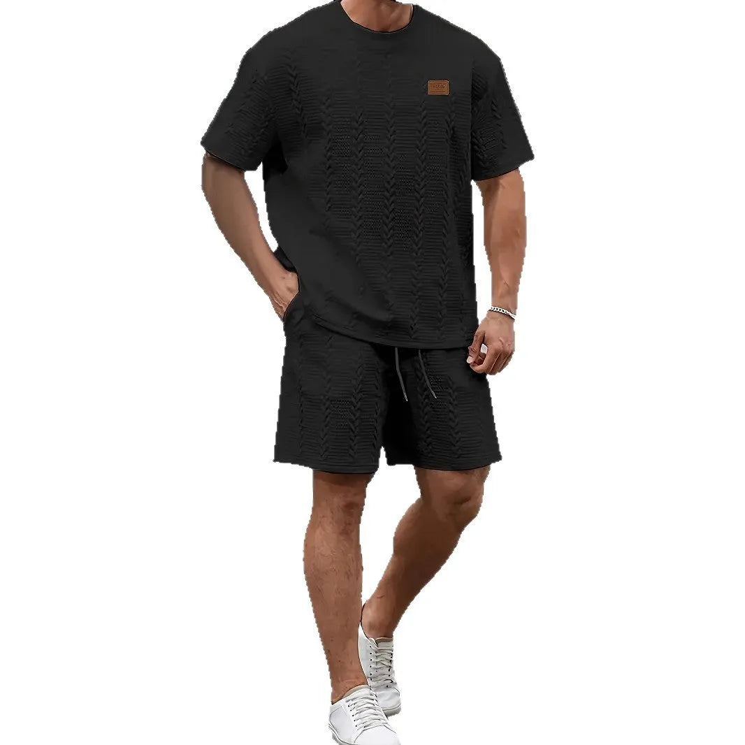 Men's black solid colour ribbed short sleeve T-shirt and matching shorts sports set