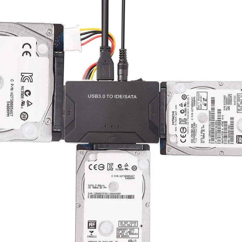 USB 3.0 to IDE and SATA hard drive adapter with cables and power supply for desktop data recovery