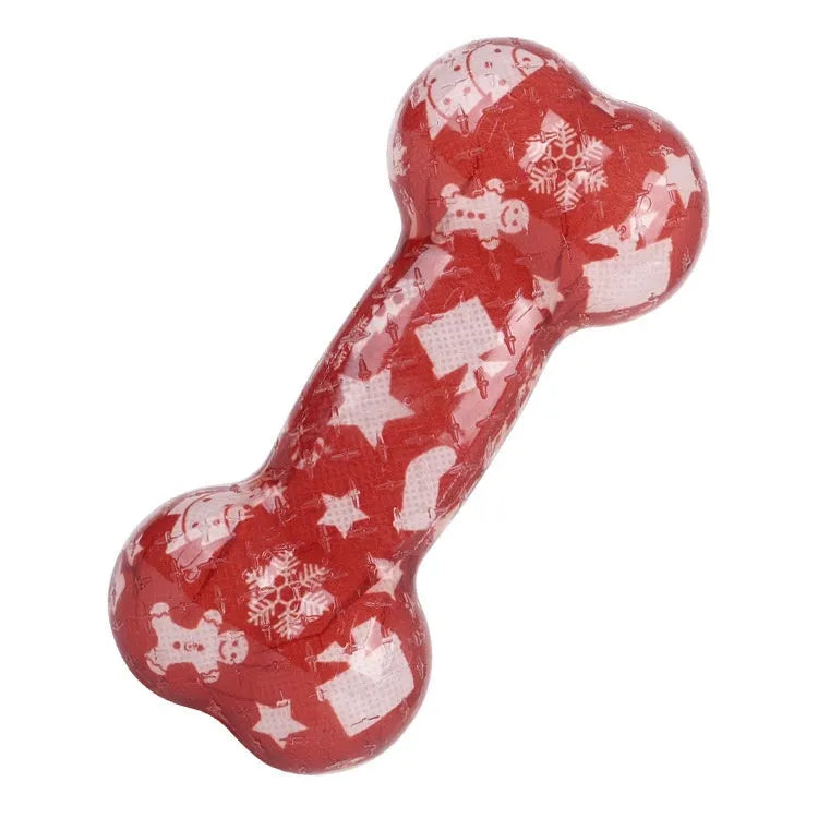 Bone-shaped dog squeaker toy in seasonal colours with TPR material construction