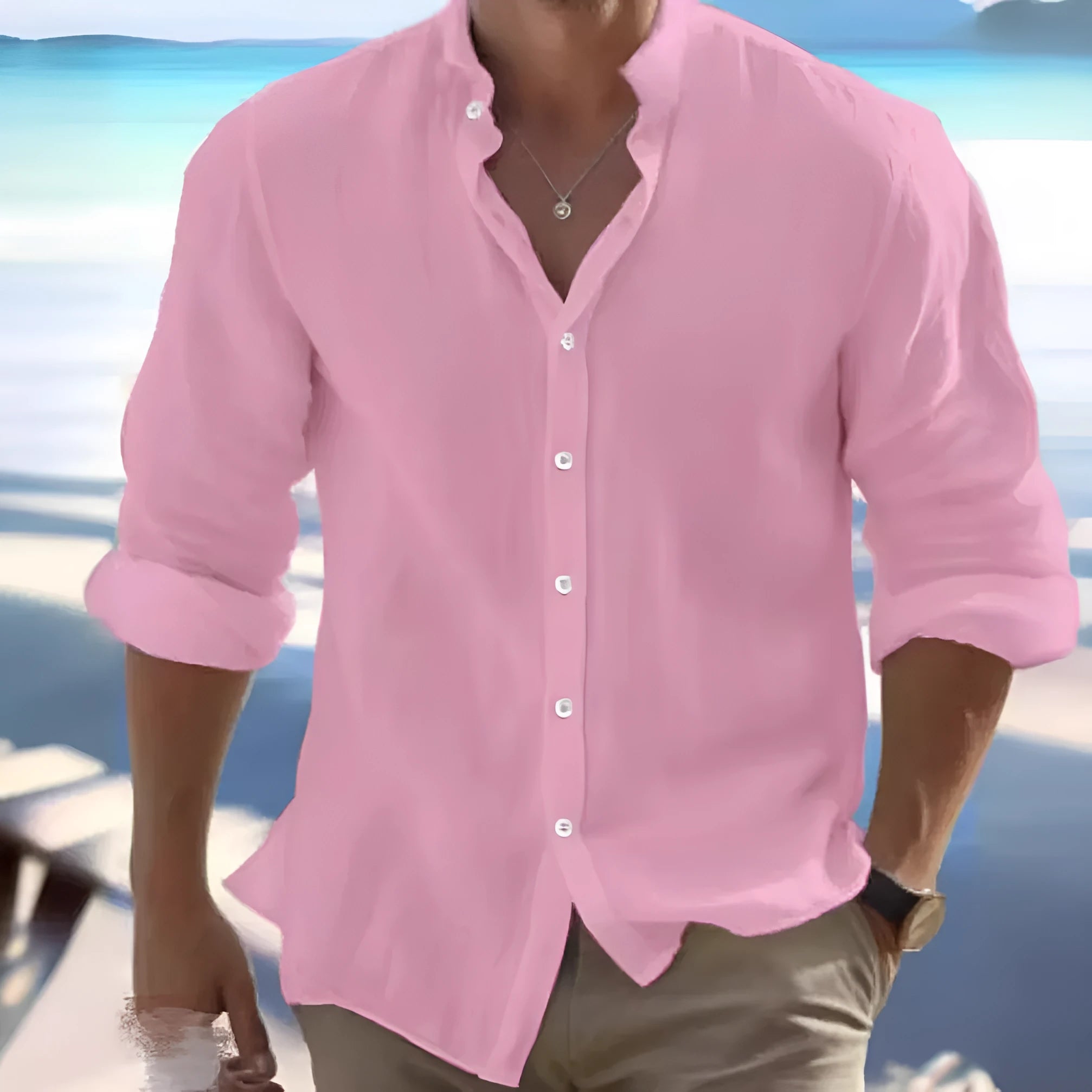 Men's light blue long-staple cotton casual button shirt on a hanger