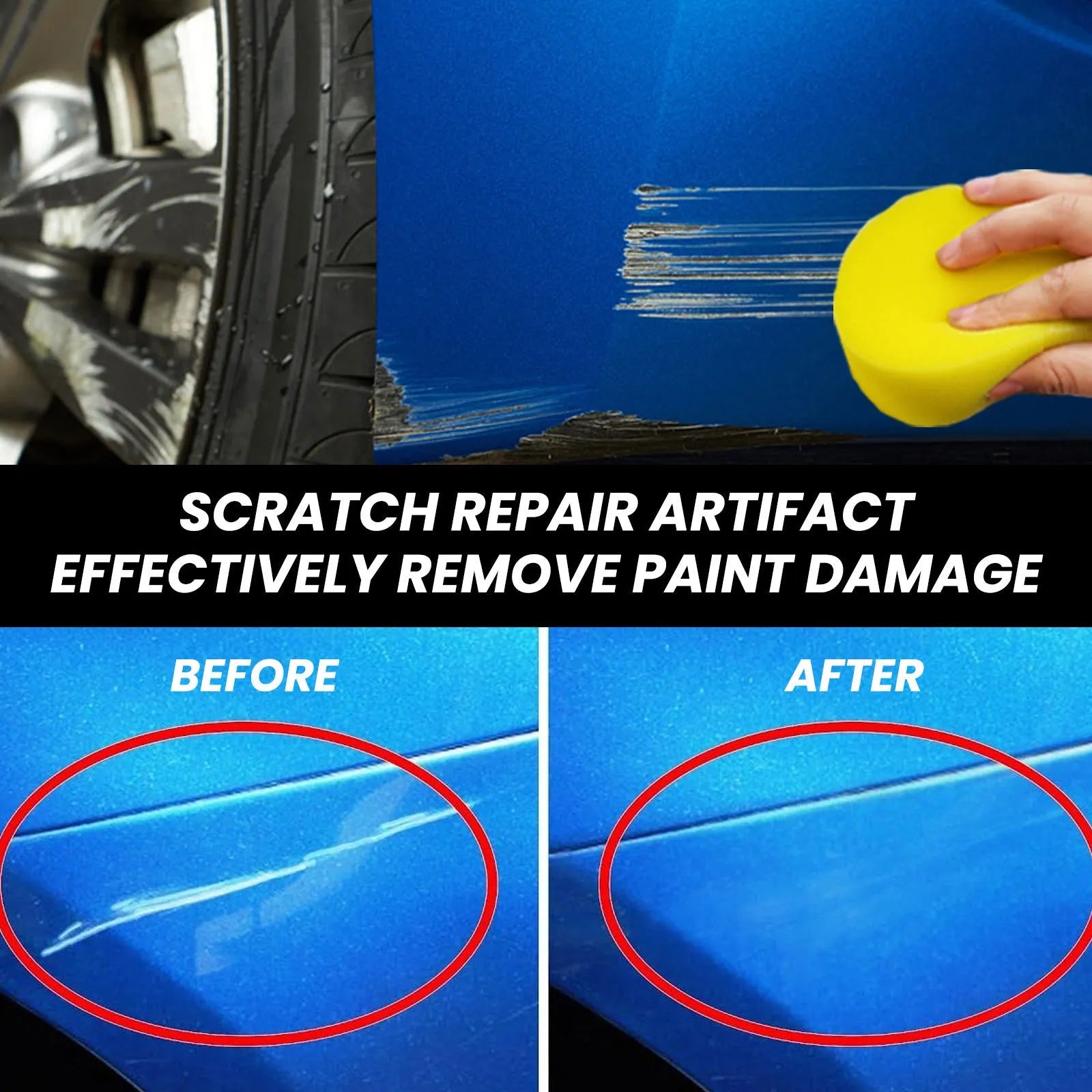 Car scratch repair kit with 100ml agent, sponge, and towel on a grey background