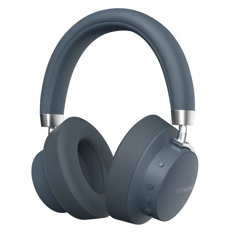 Grey sports wireless Bluetooth headset with head-mounted design and charging cable
