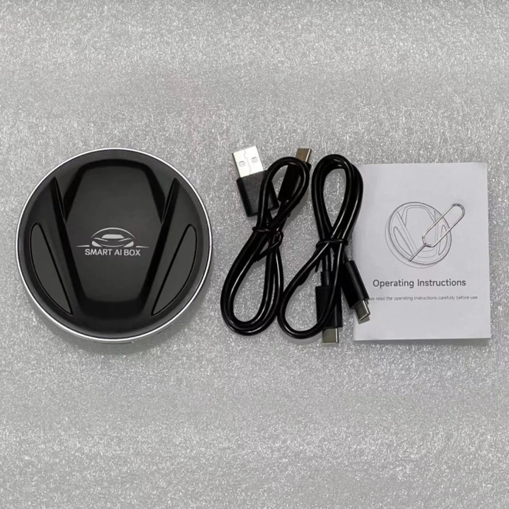 Black plastic CarPlay Android Auto conversion box with data cable for factory head unit smartphone integration