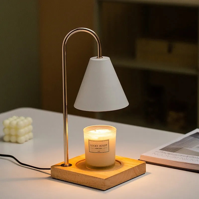 Wax melting lamp with oak wood base and white iron lampshade on a bedside table