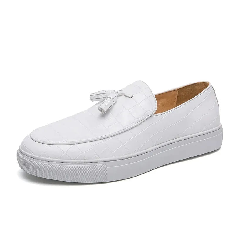Men's black synthetic leather sneakers with tassle detail and oversleeve design.