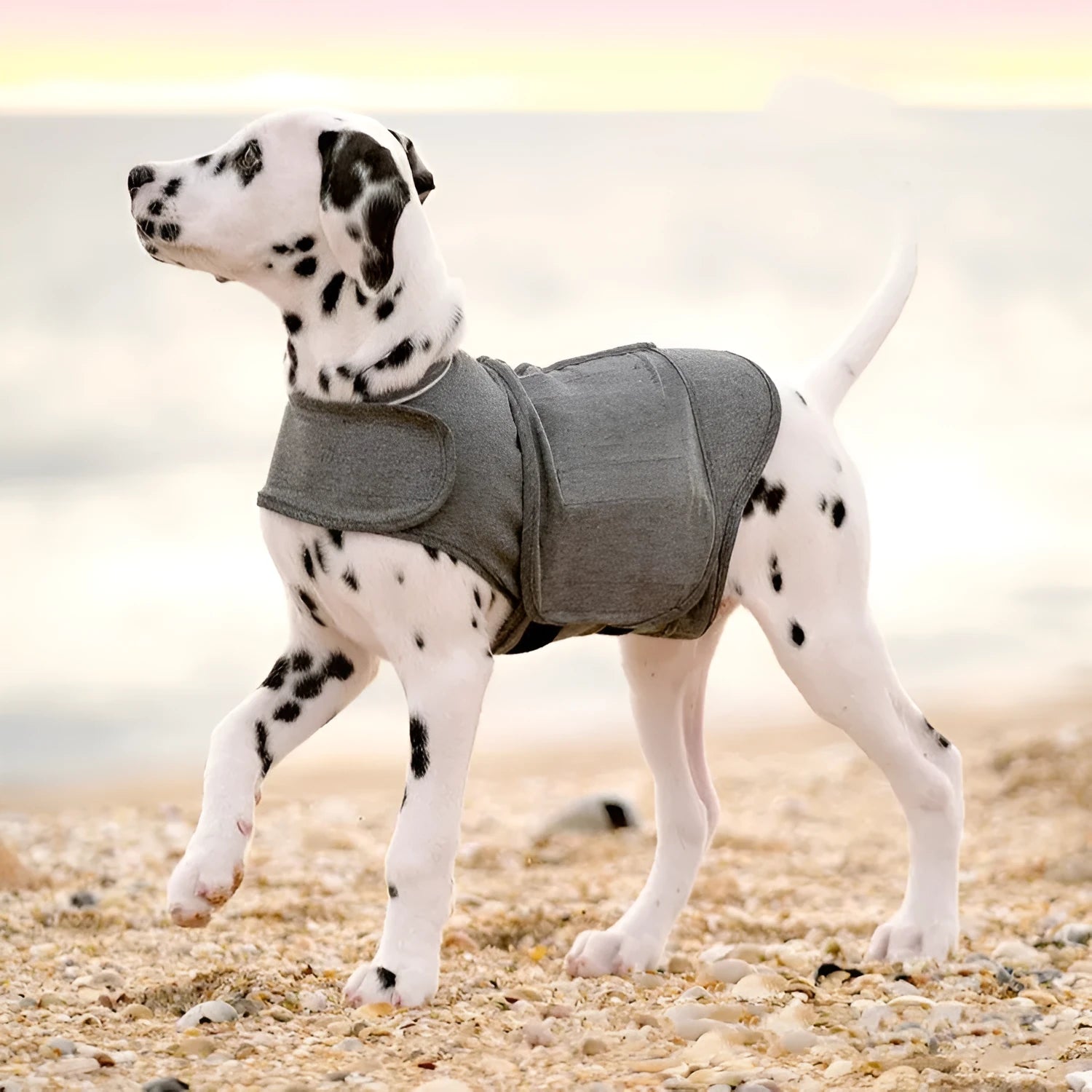 Heather grey dog anxiety jacket warm vest on a dog, showing soft fabric and snug fit.