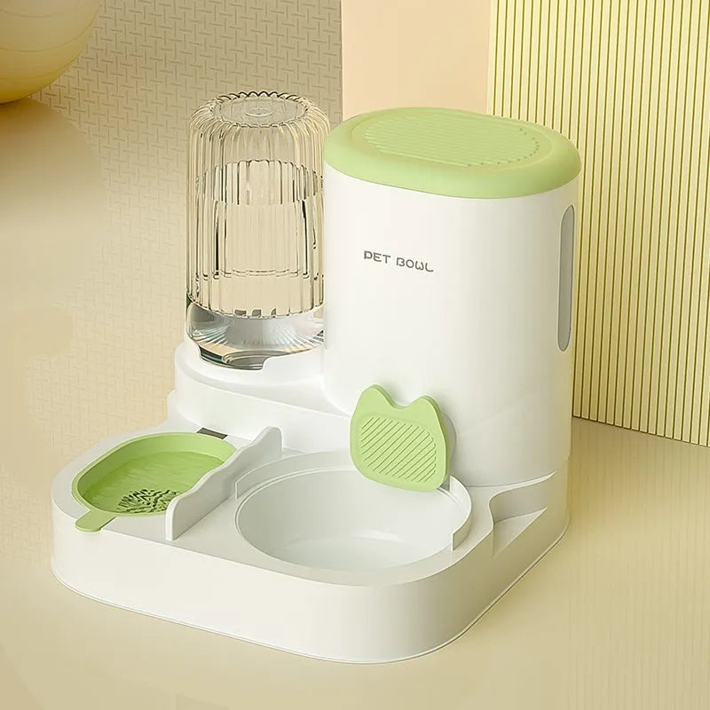 Automatic cat water fountain with integrated stainless steel double feeding bowl in avocado green colour