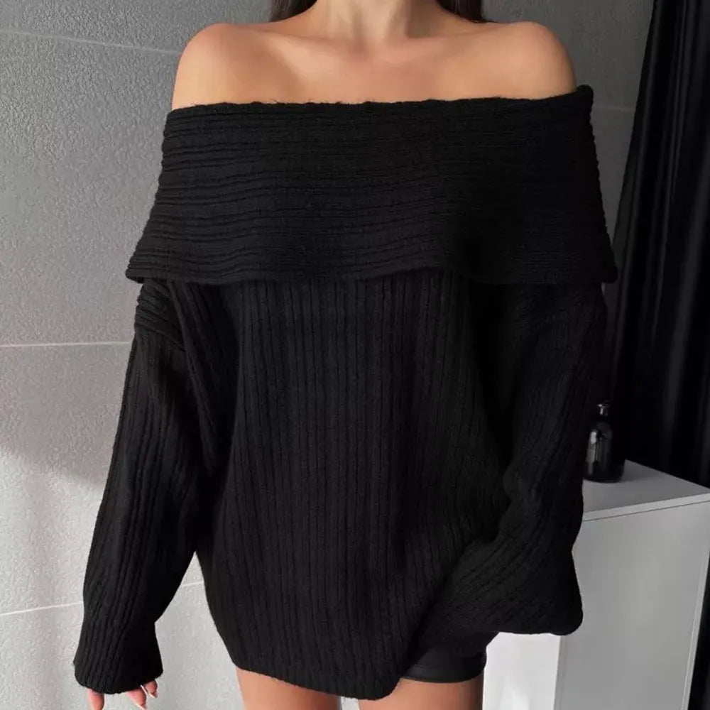 Women's loose-fitting acrylic pullover sweater in off-neck design with long sleeves