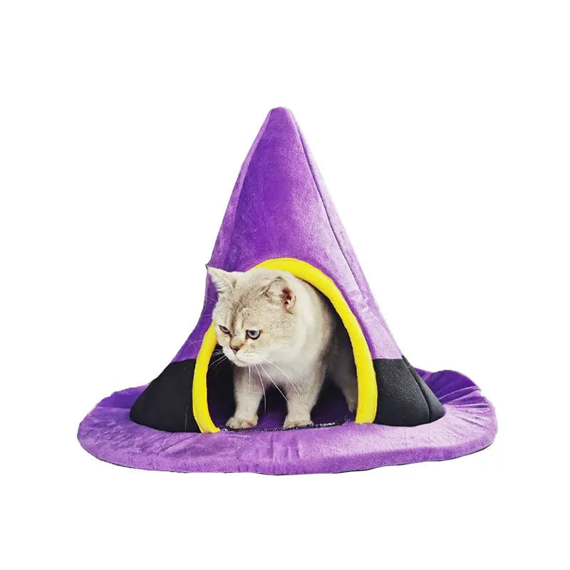 Purple witch hat shaped cloth cat nest bed for feline pets.