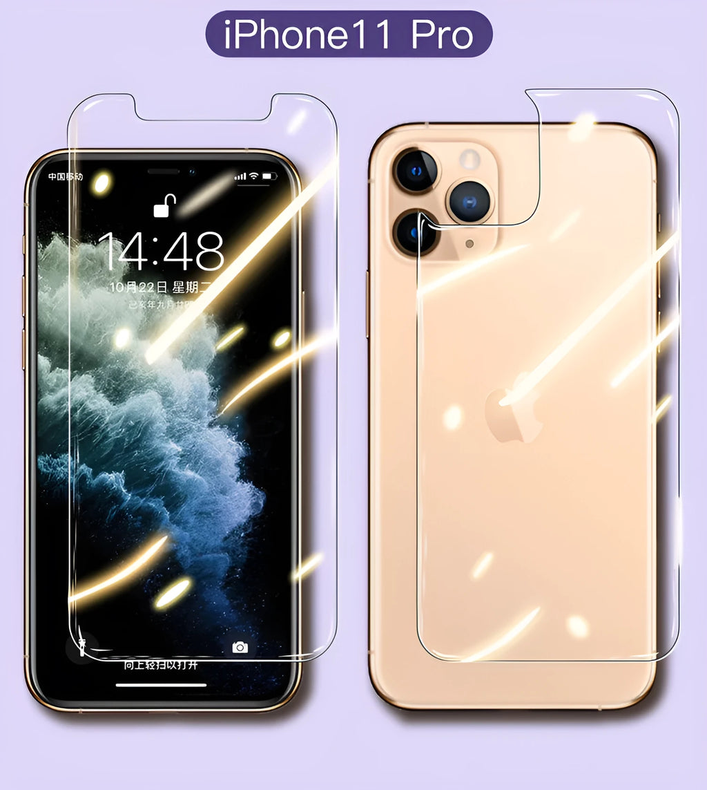 iPhone tempered glass screen protector set showing front and rear films for 11, X, and XR models.