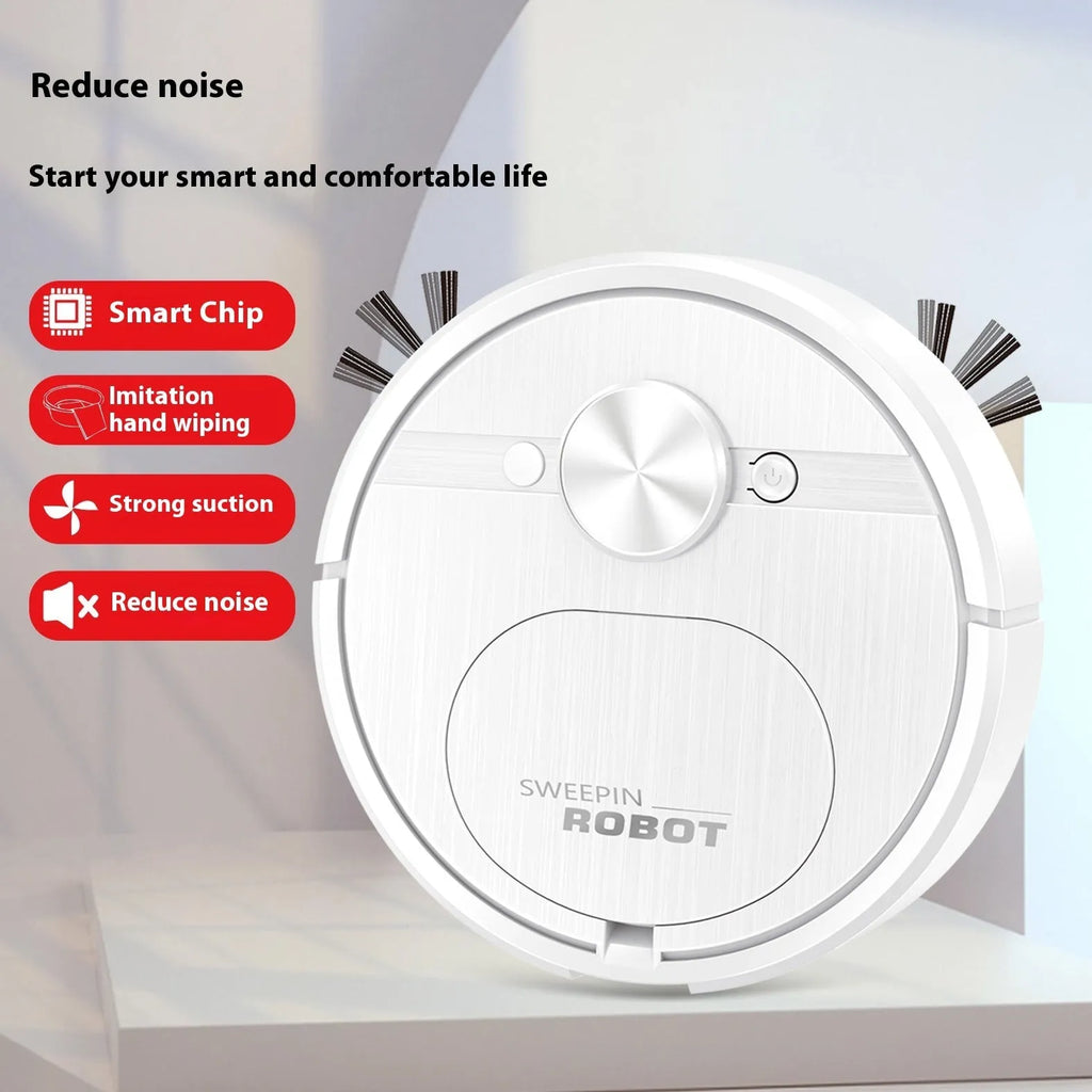 Black and white three-in-one USB charging automatic robot vacuum cleaner with mop and brushes.