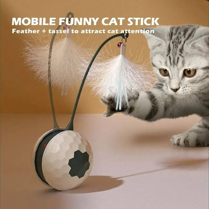 Red or white tumbler cat teaser toy with feather attachment, 71.5mm x 209mm, USB rechargeable