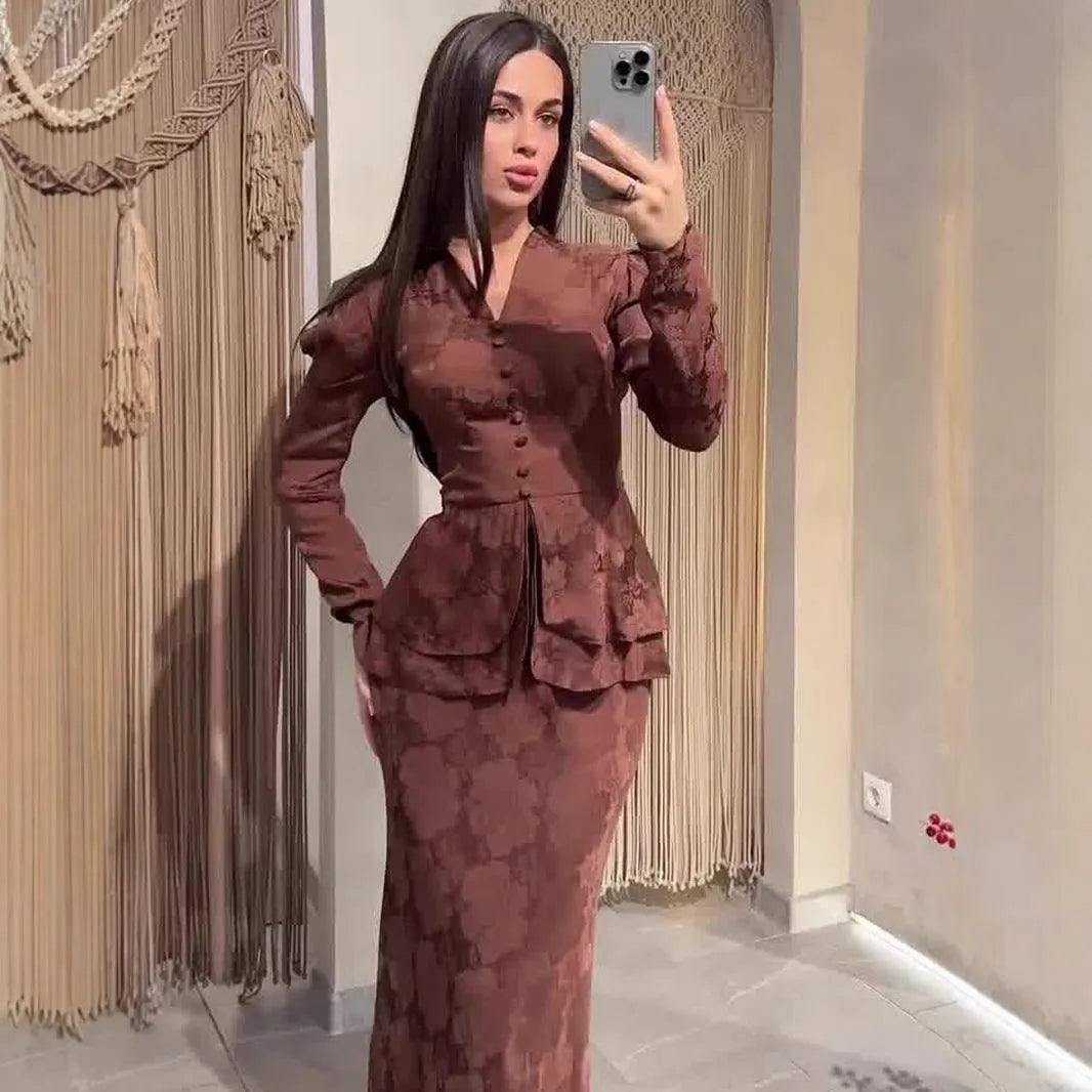 Dark brown women's retro dress with fake two-piece design, button details, and long sleeves.