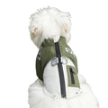Khaki plaid and beige padded dog windbreaker with built-in leash ring and zipper pocket
