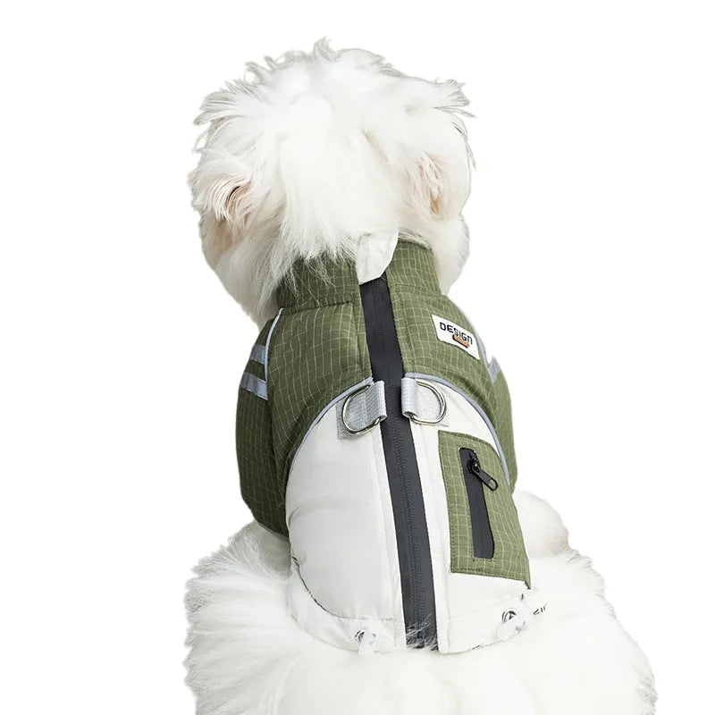 Khaki plaid and beige padded dog windbreaker with built-in leash ring and zipper pocket