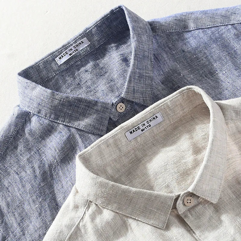 Men's short sleeve linen shirt with a square collar in raw jute colour on a hanger.