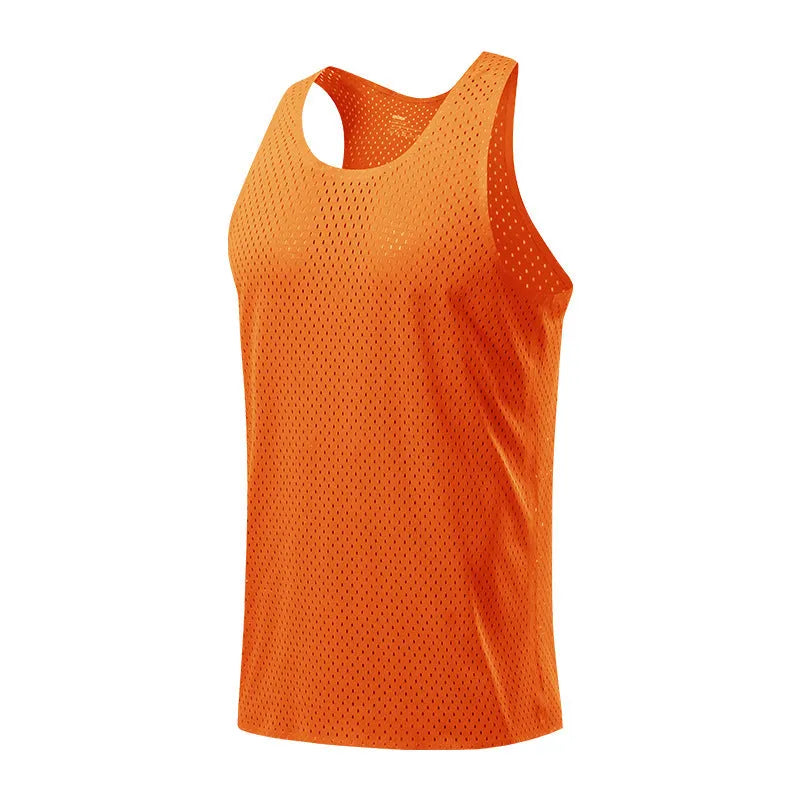 Men's solid colour polyester sleeveless sports vest on a hanger