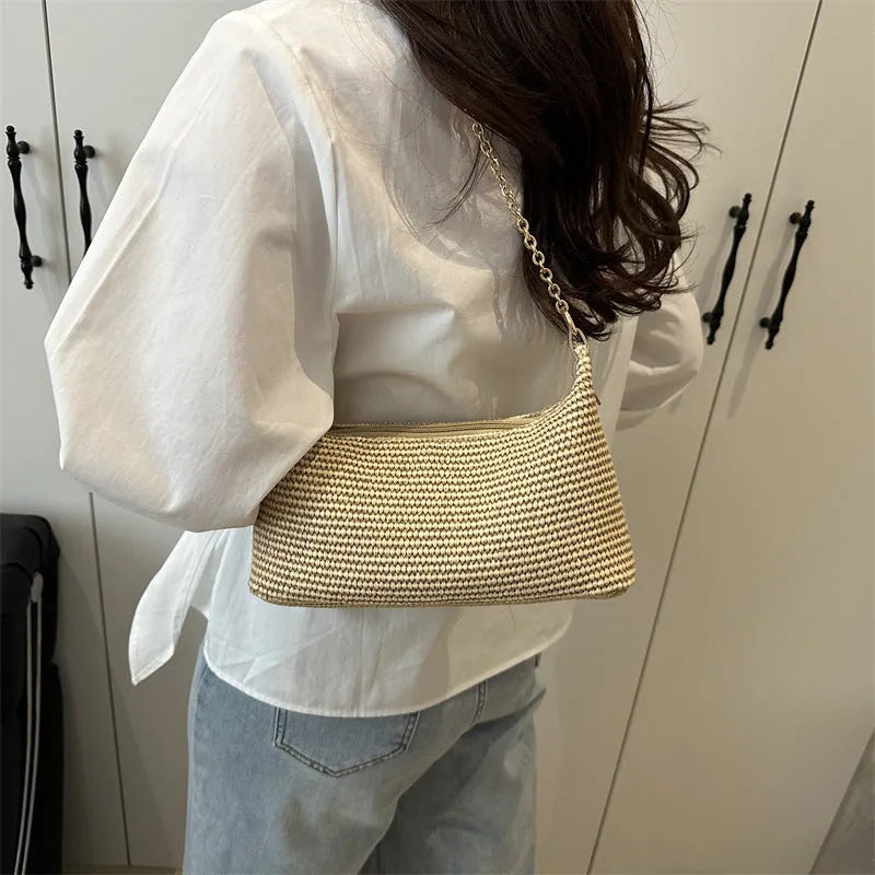Straw woven square beach tote bag with sandwich pockets and shoulder strap in khaki colour