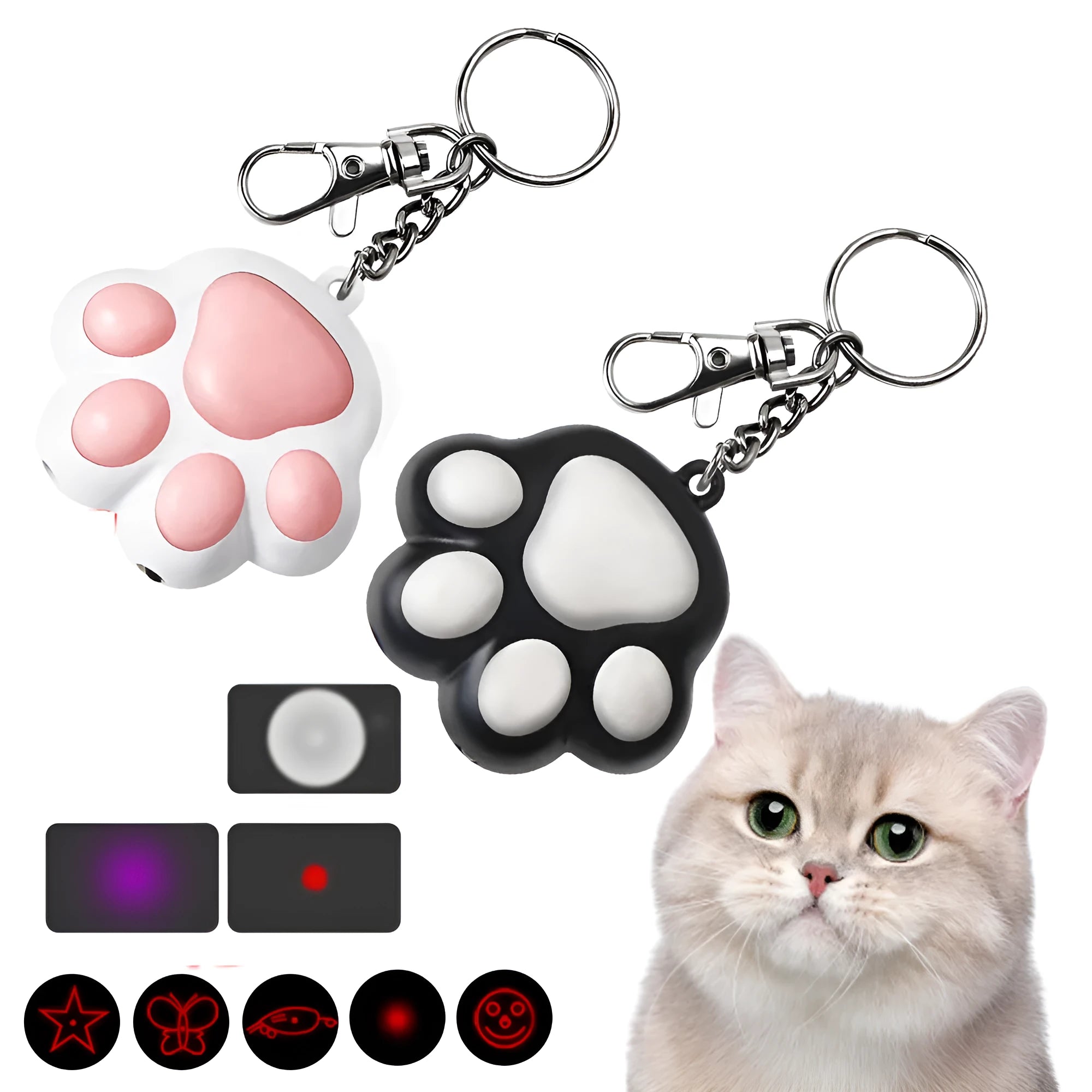 Small black or pink USB-rechargeable infrared cat teaser toy on a keychain, showing scale at 5cm.