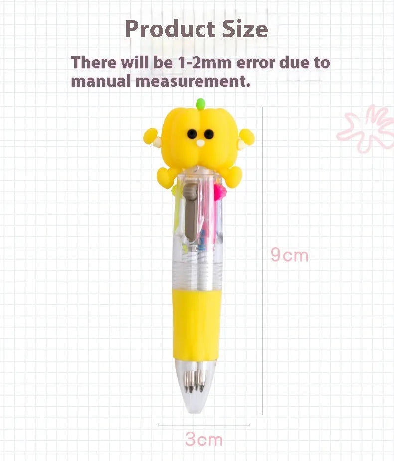 Cute cartoon-themed four-colour press-type ballpoint pen with a silicone grip and 0.7mm tip.