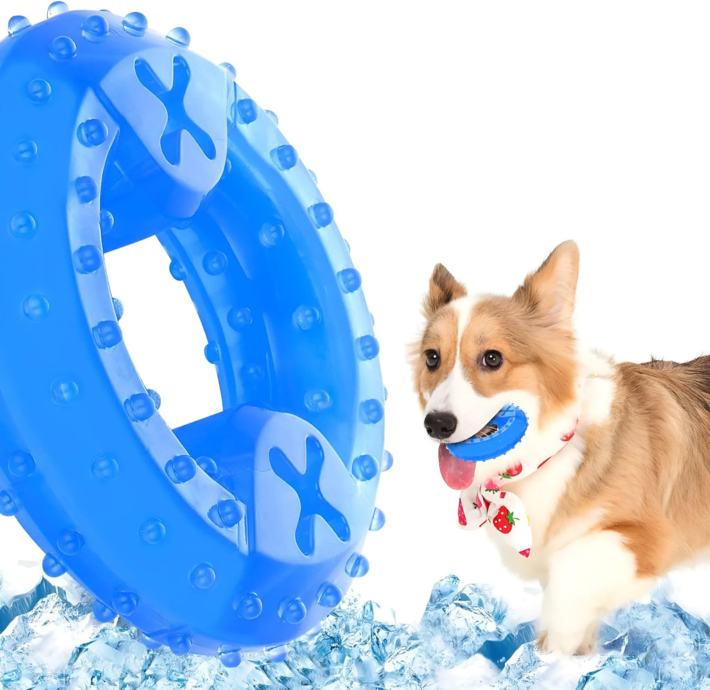 A durable bone-shaped and circle-shaped dog cooling chew toy on a blue background.