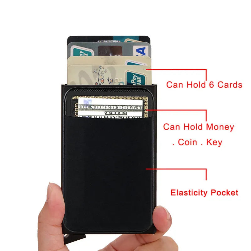 Frosted aluminium alloy credit card holder in multiple colours, showing slim profile.
