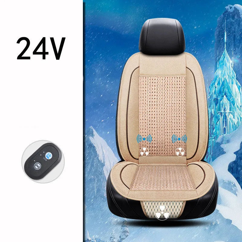 Black car ventilation seat cushion measuring 60x60cm with power cord