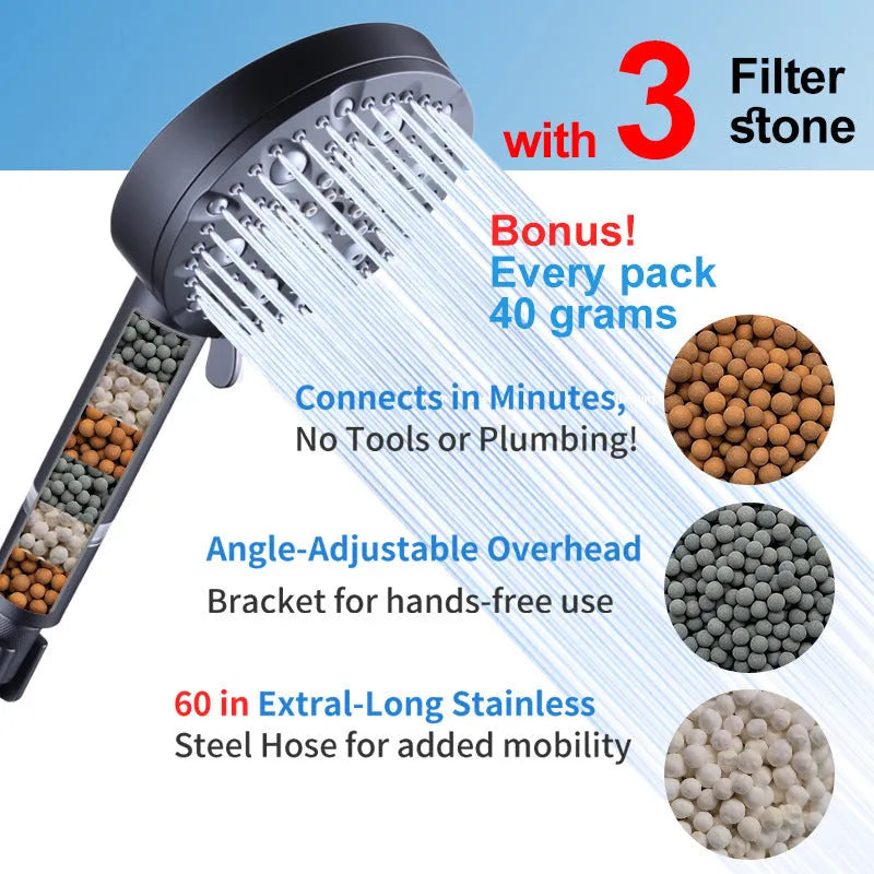 Matte black handheld shower head set with filter, hose, and bracket, 0-100°C, ABS