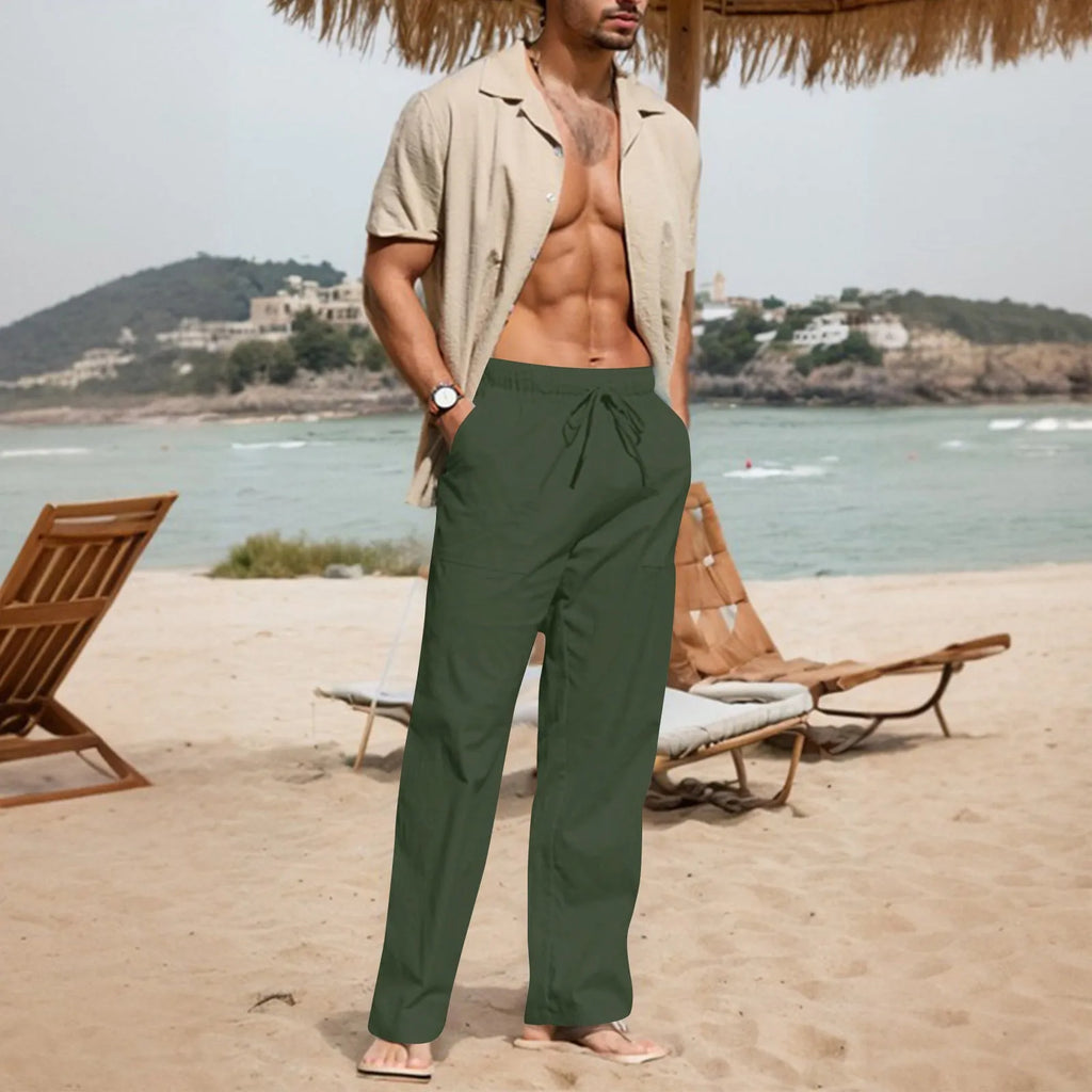 Men's cotton linen straight leg beach trousers with drawstring elastic waist in multiple colour options