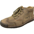 Men's brown leather high-top boots with round toe and flat rubber soles