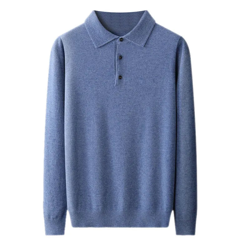 Men's wool pullover sweater with a polo collar in various colours on a size chart background.