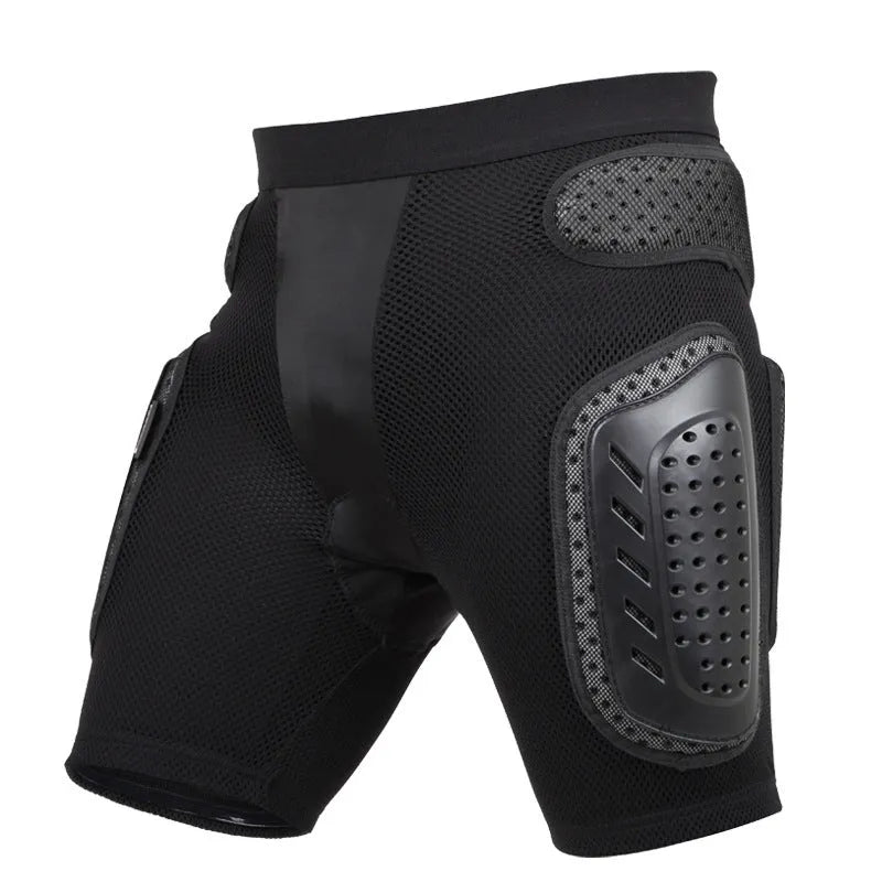 Black adult cycling protective pants with hip pads for mountain biking safety.