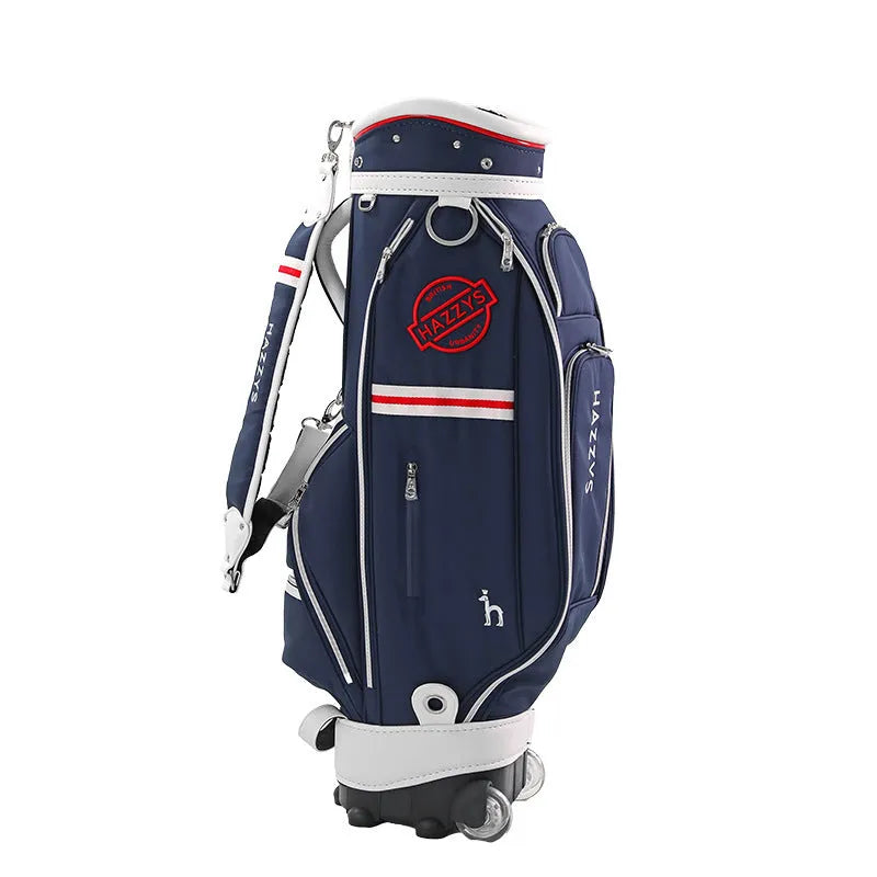 Dark blue pull rod golf bag with wheels and handle on a golf course