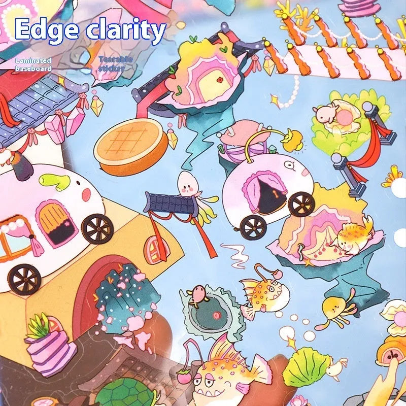 Three-dimensional landscape miniature sticker set with cartoon dreamy adventure scene on PET material.