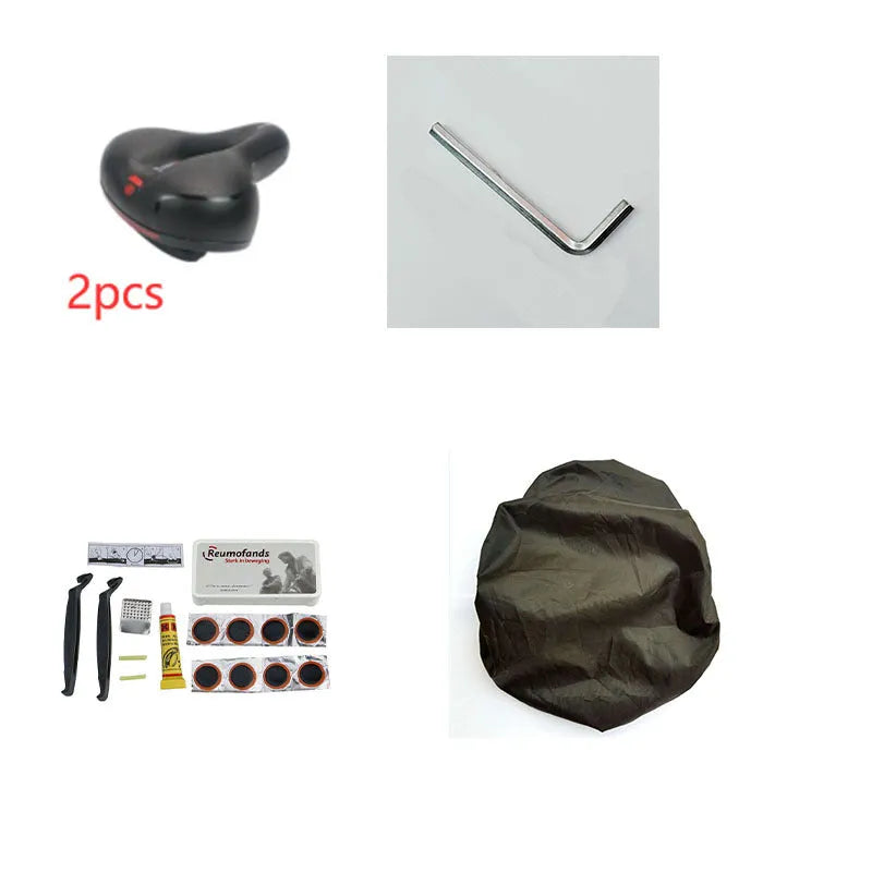 Thickened silicone bicycle saddle cushion with PU leather cover and included waterproof cover, wrench, and tyre patch