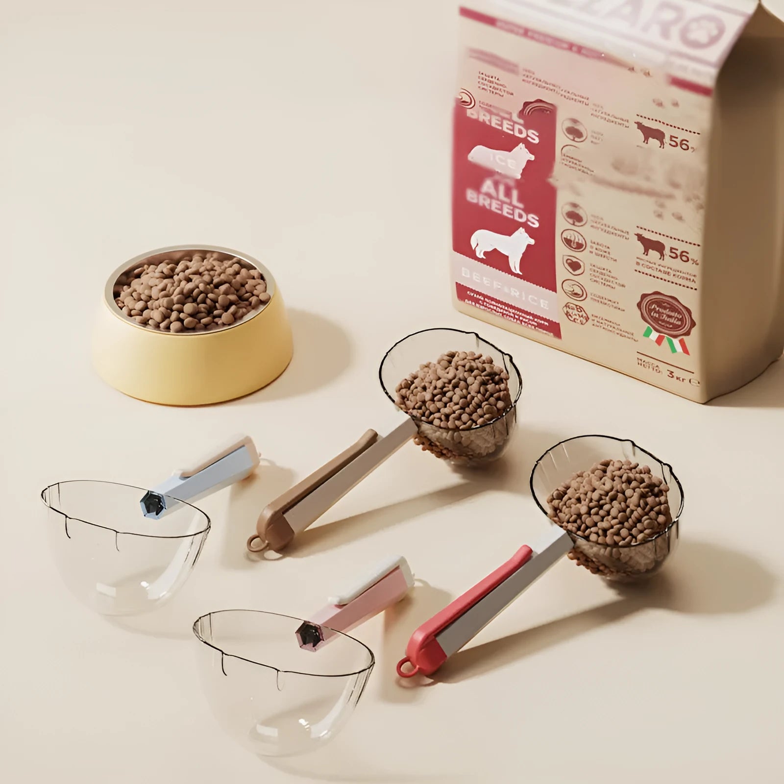 Pet food spoon with clip attached to dog food bag showing blue colour option
