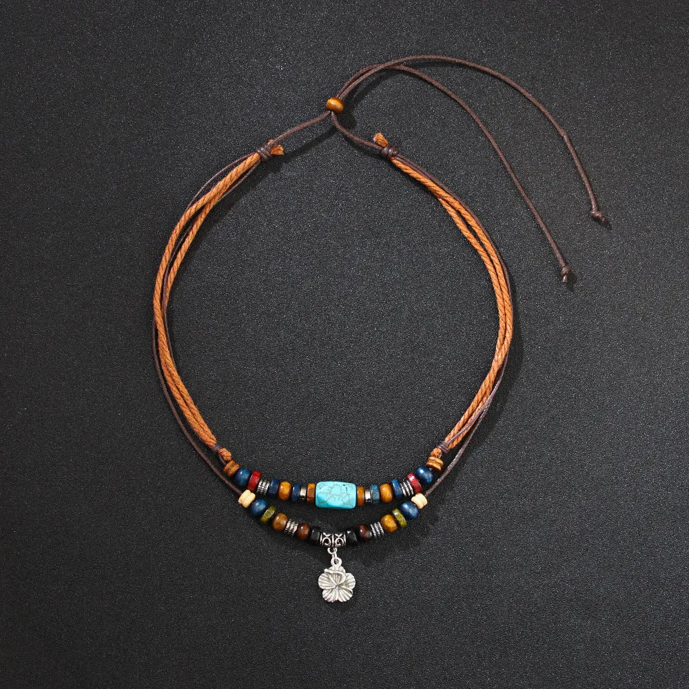Men's wooden bead necklace with turquoise wax rope and geometric flower alloy pendant