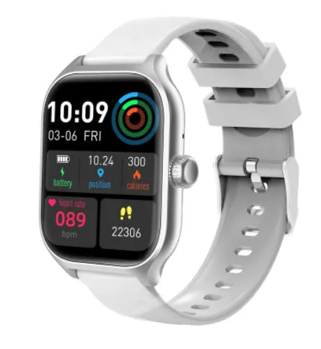 Black Bluetooth smart watch with touch screen and silicone strap on a wrist