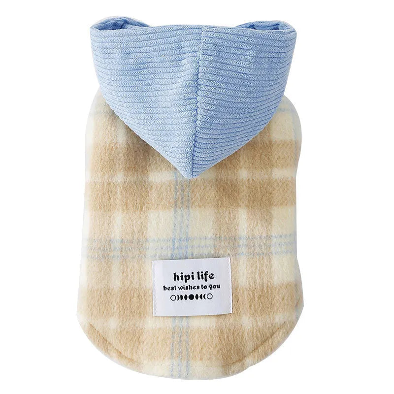 Blue corduroy chessboard grid hooded vest for a dog on a white background.