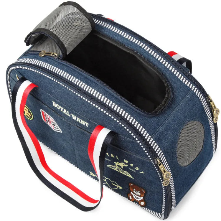 Blue denim Japanese-style pet diaper bag with cartoon pattern, dimensions 43×20×30cm