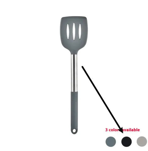 12-piece silicone kitchen utensil set in rotating storage bucket, showing spatula, ladle, and other tools.