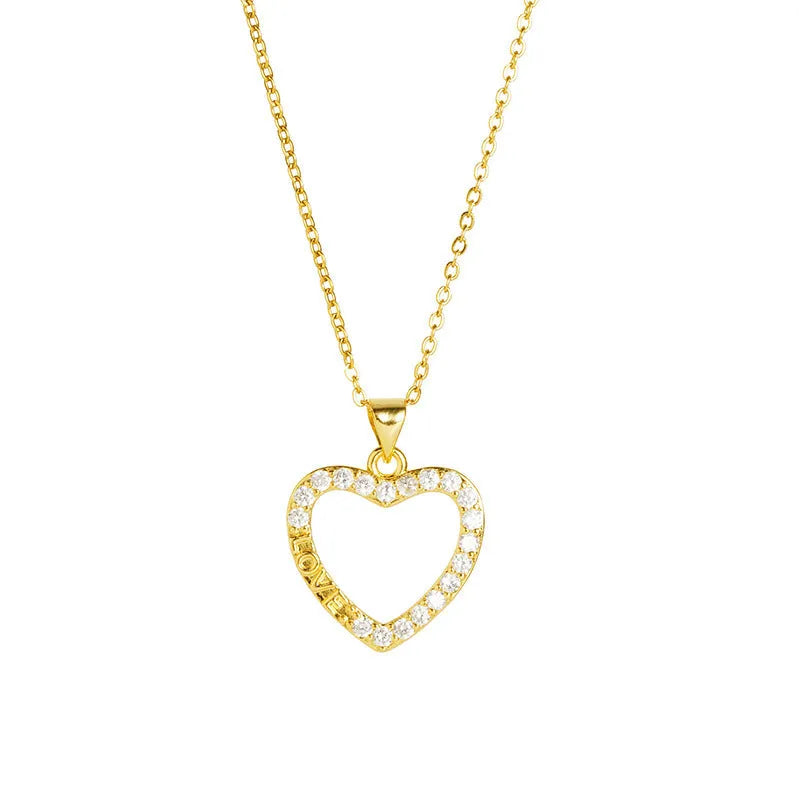 Gold light luxury necklace and earrings set with heart-shaped pendant and butterfly motif on copper alloy