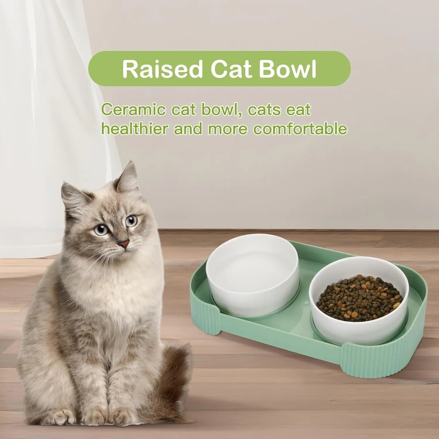 Green ceramic raised cat bowl set with two tilted bowls on non-slip base