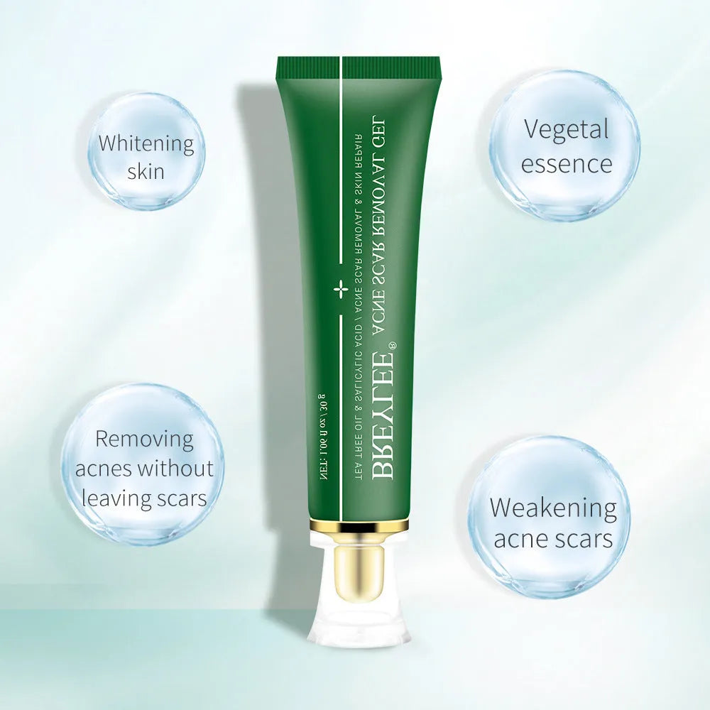 Green tube of acne scar removal gel with tea tree oil, 30g size on white background