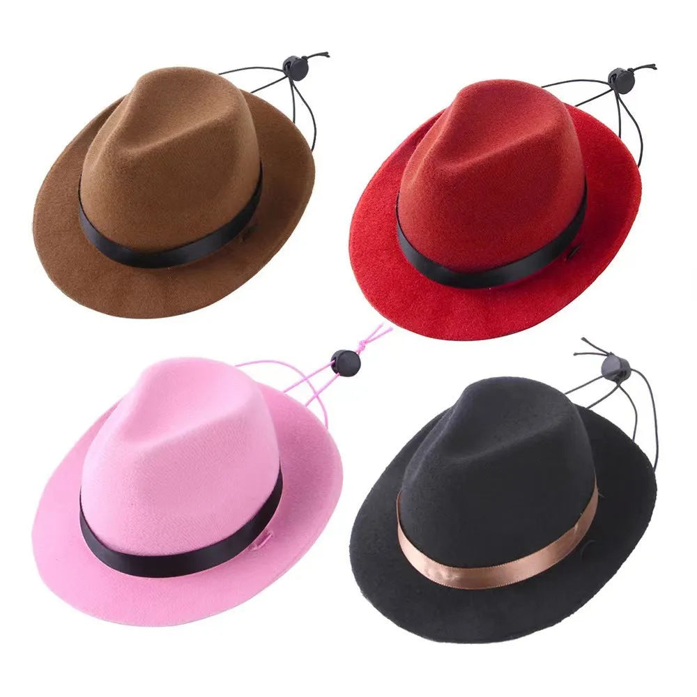 Small wool felt pet hat in pink, black, brown, or red colours with denim style trim and hairpin attachment