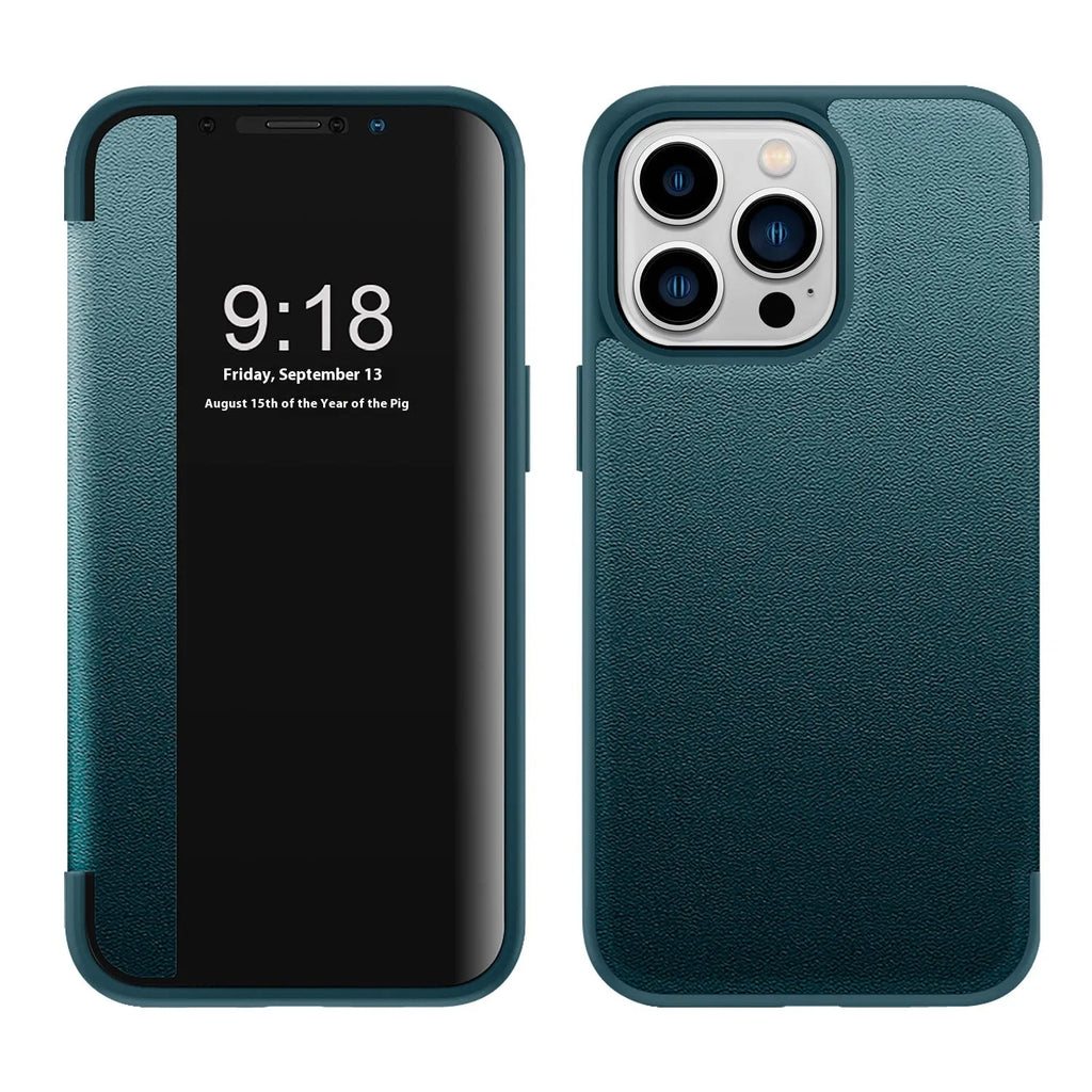 Plain black leather business flip phone case with anti-drop function for iPhone 14 Pro Max
