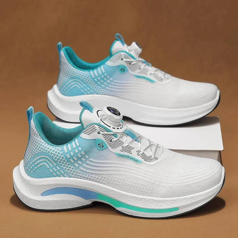 Men's white and blue mesh sneaker with a rotating buckle and rubber sole.